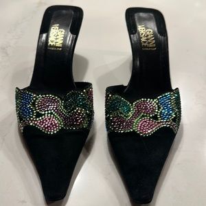Gianne Versace mule heels Black suede with different color rhinestones.